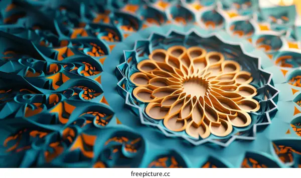 Blue and orange 3D illustration of a flower mandala