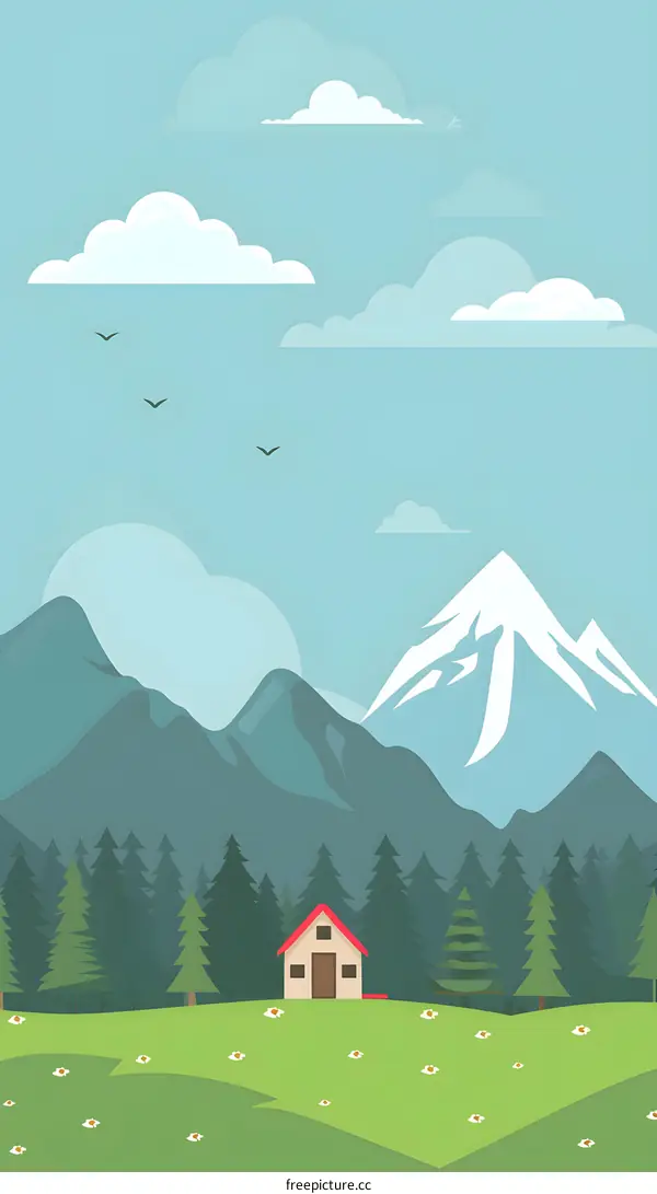 Mountain Landscape with Cabin and Forest