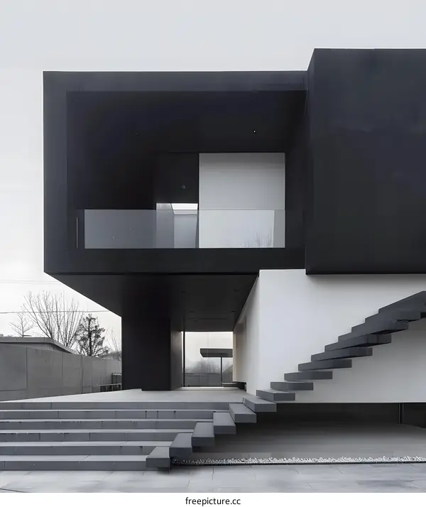 Modern Black and White House With Geometric Stairs