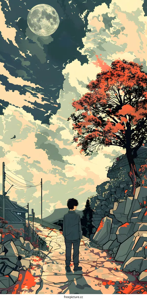 Lonely Figure Walking on a Crumbling Road Under a Full Moon