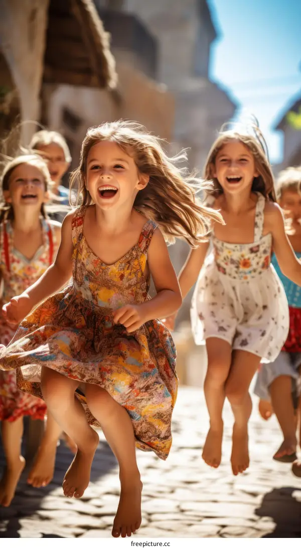 carefree children running and laughing on a sunny day