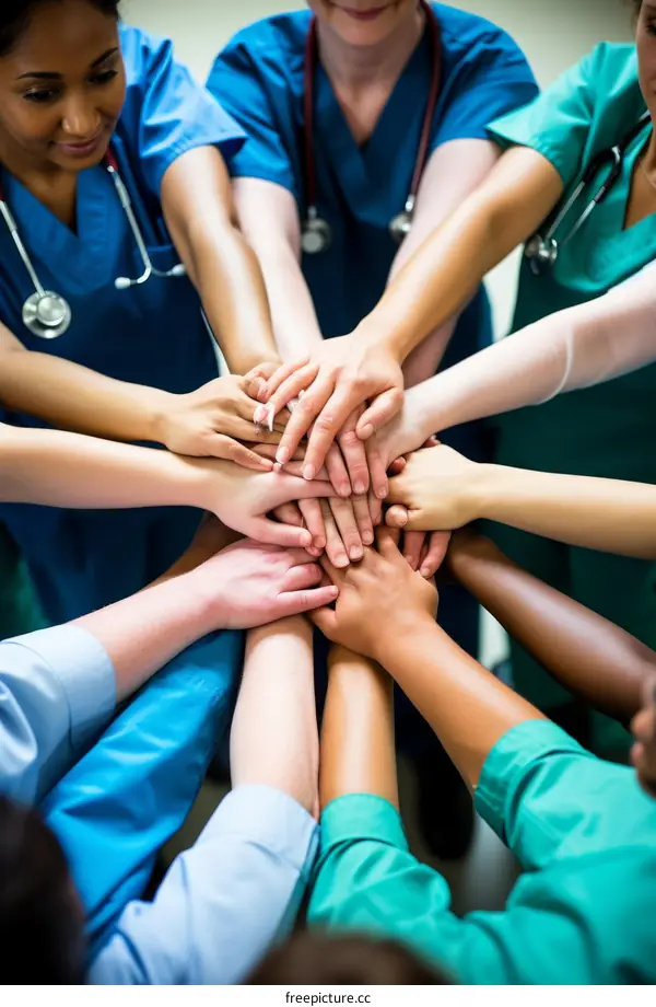 Multiracial group of doctors and nurses joining hands in unity