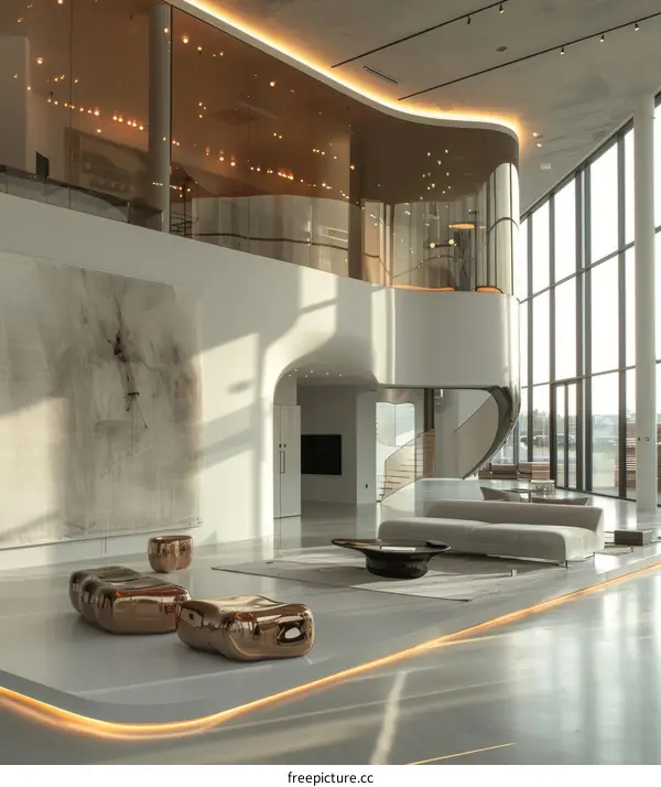 Office interior with curved glass walls and spiral staircase