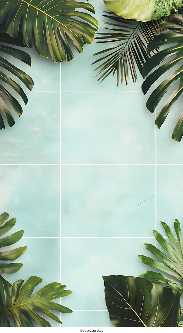 Green Leaves on a Blue Tile Background