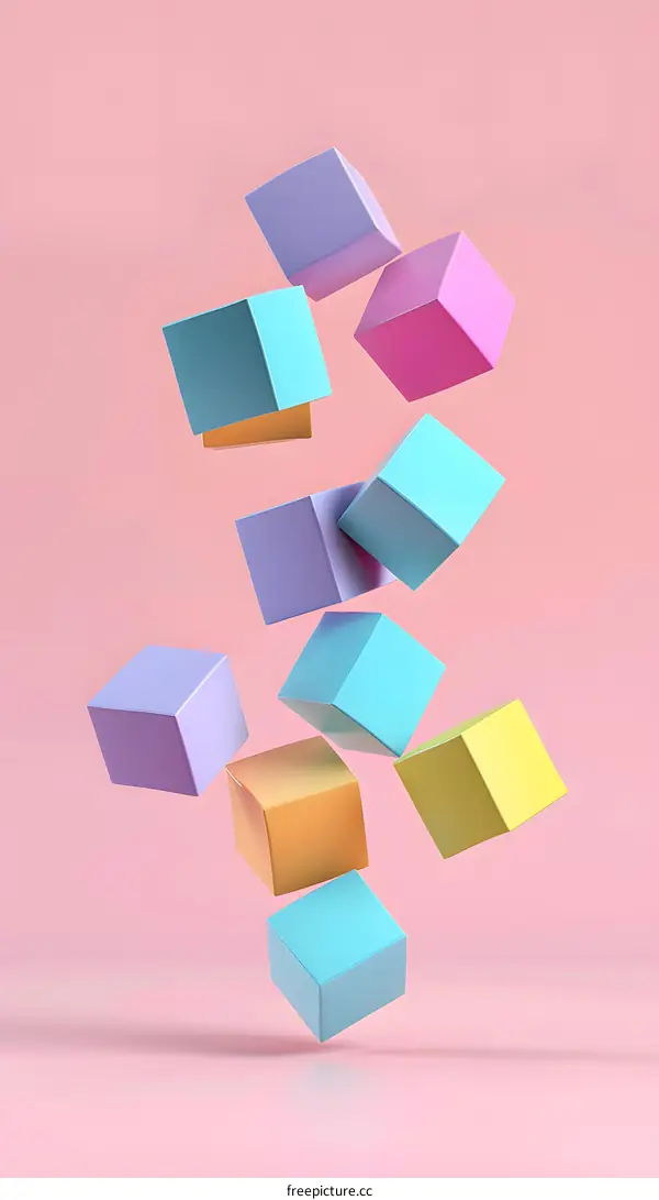 Abstract Minimalist Colorful Cubes Falling On Pink Background