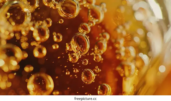 Close-up of bubbles in a glass of amber liquid