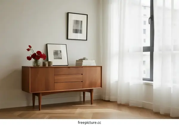 Modern wooden sideboard with decor in a bright room