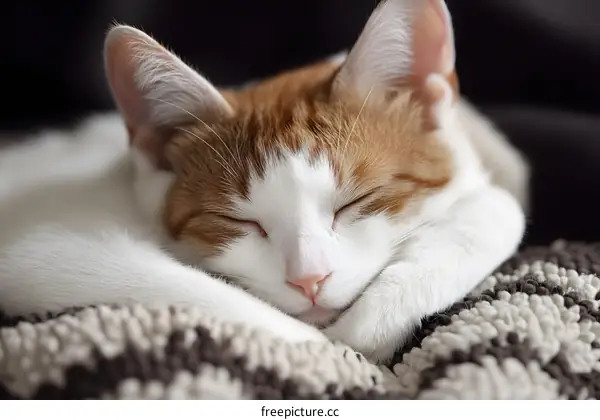 Sleeping White and Orange Cat on Striped Blanket