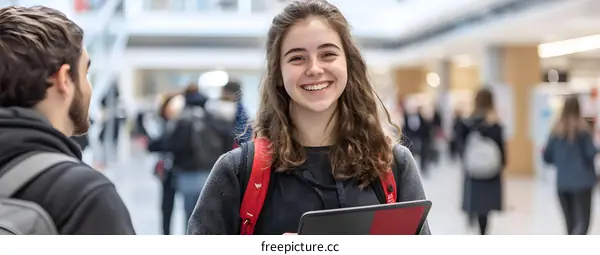 Happy Young Woman Smiling While Holding A Laptop In A Modern Building
