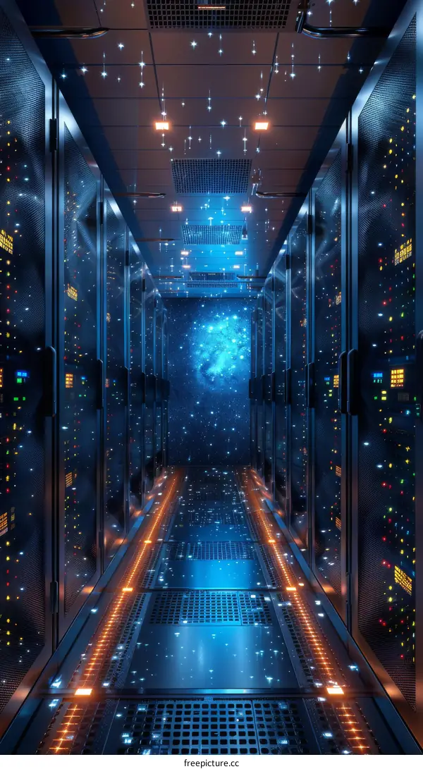 Futuristic data center with glowing lights resembling a starry night sky