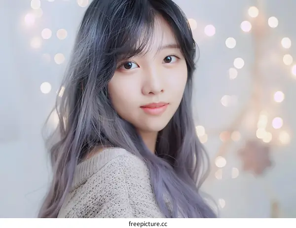 Asian Woman With Purple Hair and Bokeh Lights