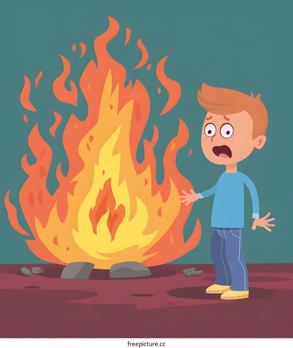 Cartoon Illustration of a Boy Afraid of Fire