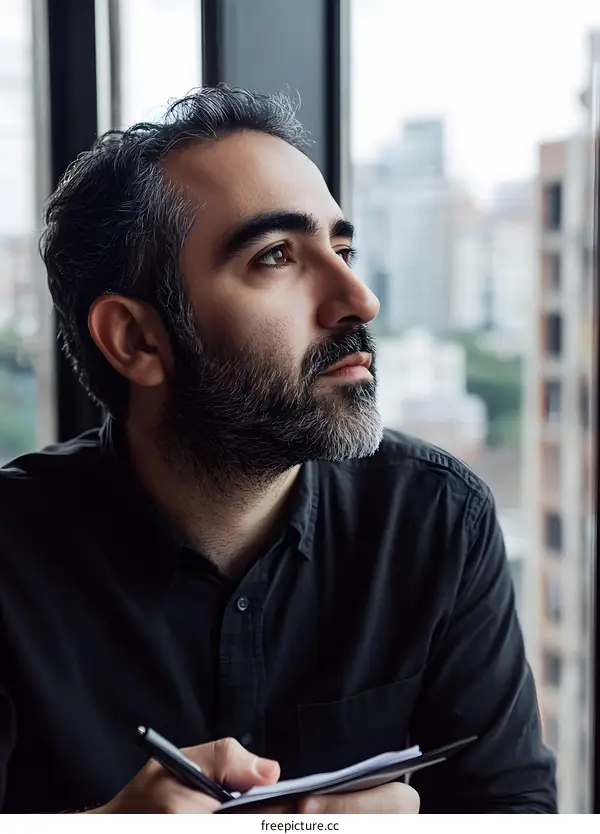 Thoughtful Man Writing in Notepad While Looking Out Window