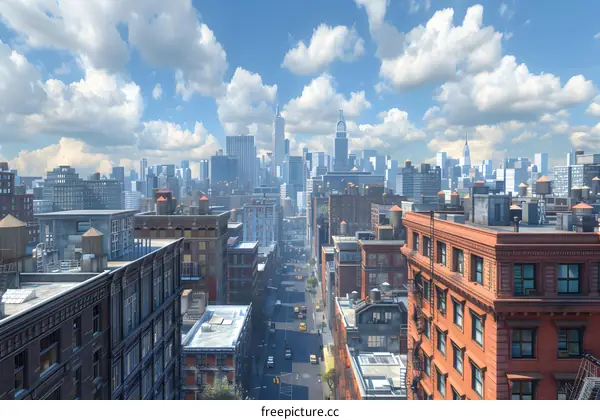 A cityscape of tall buildings with a blue sky and white clouds