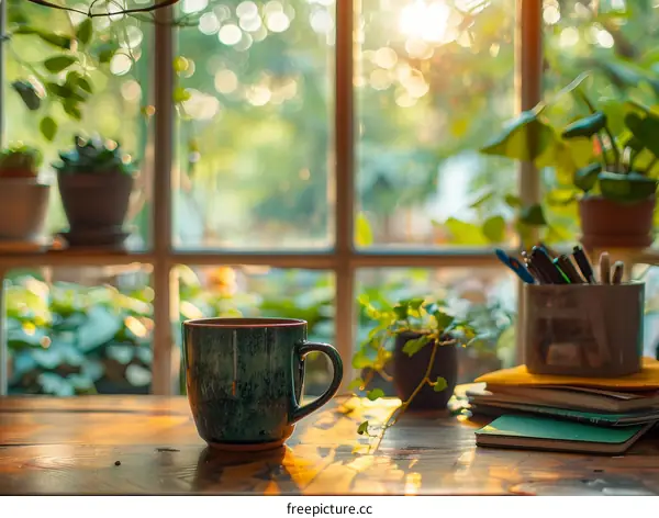 Ceramic Cup on a Table Near Window With Plants