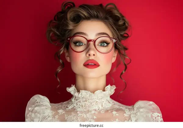 Elegant Woman in Red Glasses against Red Background