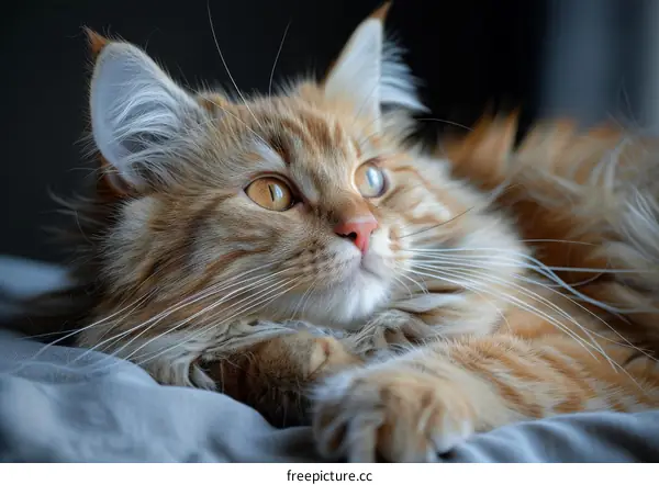 A ginger cat is lying on a gray cloth