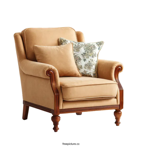 [Transparent Background PNG]Elegant Light Beige Wooden Armchair with Decorative Pillows