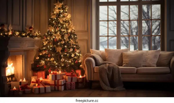 A beautifully decorated Christmas tree stands in a living room with a fireplace and a sofa.
