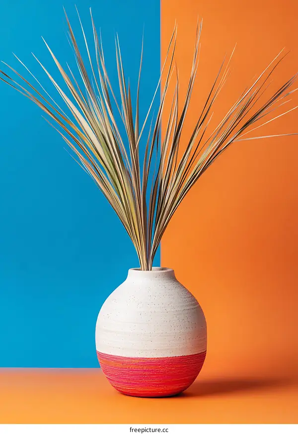 White Vase With Dried Grass On A Blue And Orange Background