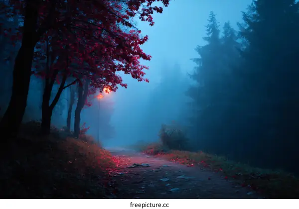 Misty Nightfall Path Through the Forest