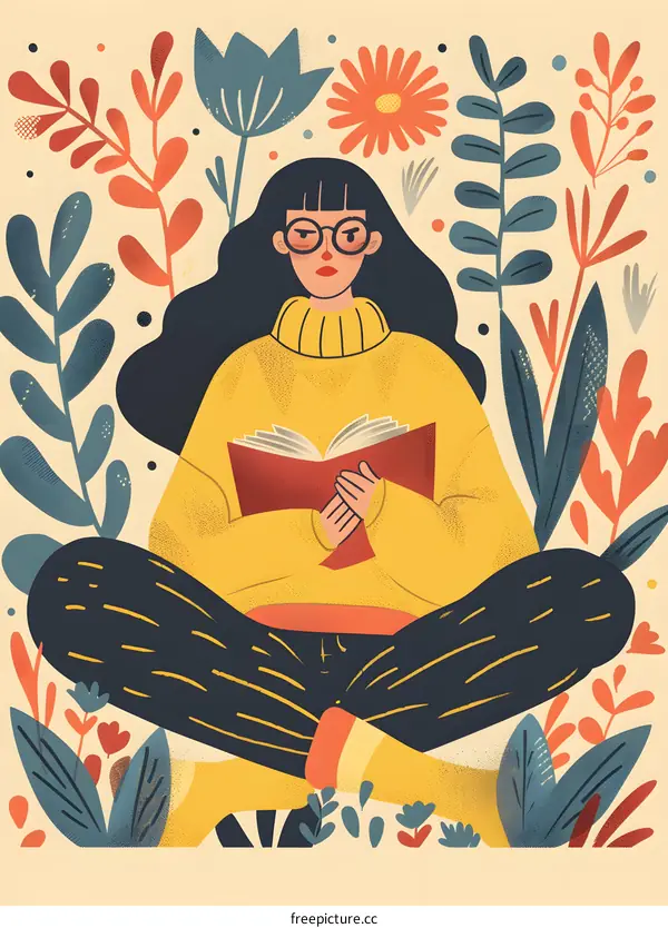 Woman Reading Book in Garden Illustration
