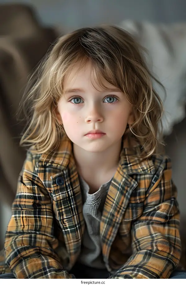 Portrait of a cute little boy with blond hair and blue eyes