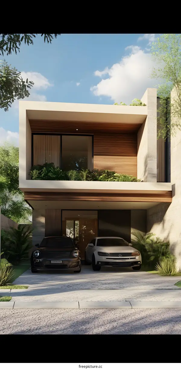 Modern Home Design with a Balcony and Two Cars in the Garage