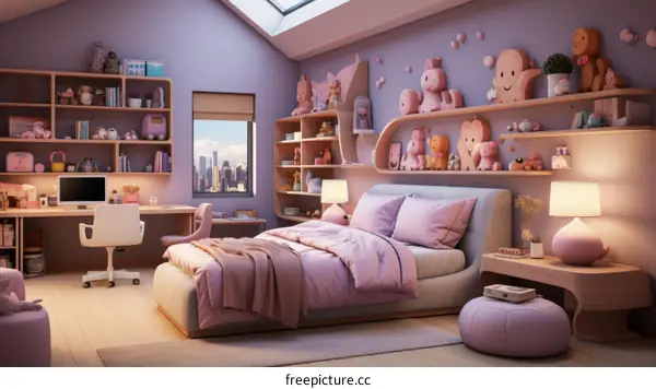 A cozy pink bedroom with a large window and a lot of toys