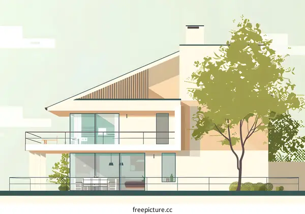 Modern House with Balcony and Large Windows Illustration
