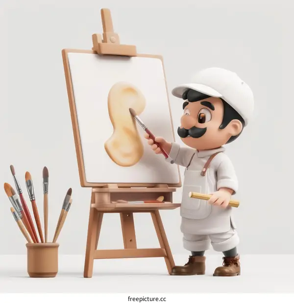 A cartoon painter is painting on a canvas