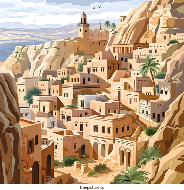 A Cartoon Illustration Of An Ancient Town Built Into Cliffs In A Desert Landscape