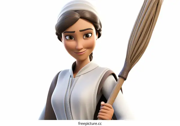 A beautiful cartoon illustration of a young woman holding a broom