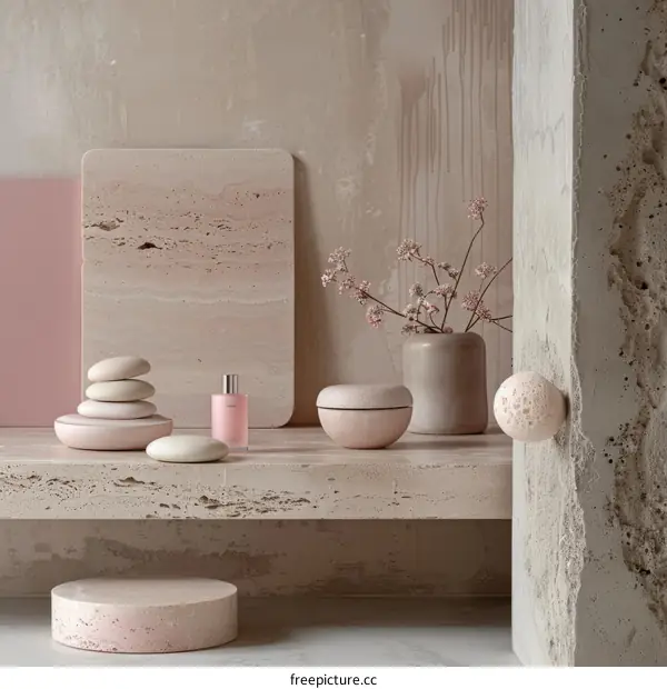 Pink Shelf Arrangement with Dried Floral Decor and Stones