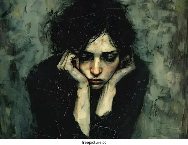 A portrait of a sad looking girl with dark hair and her hands supporting her head