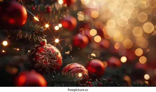 Merry Christmas: Decorated Christmas Tree with Red Baubles and Lights