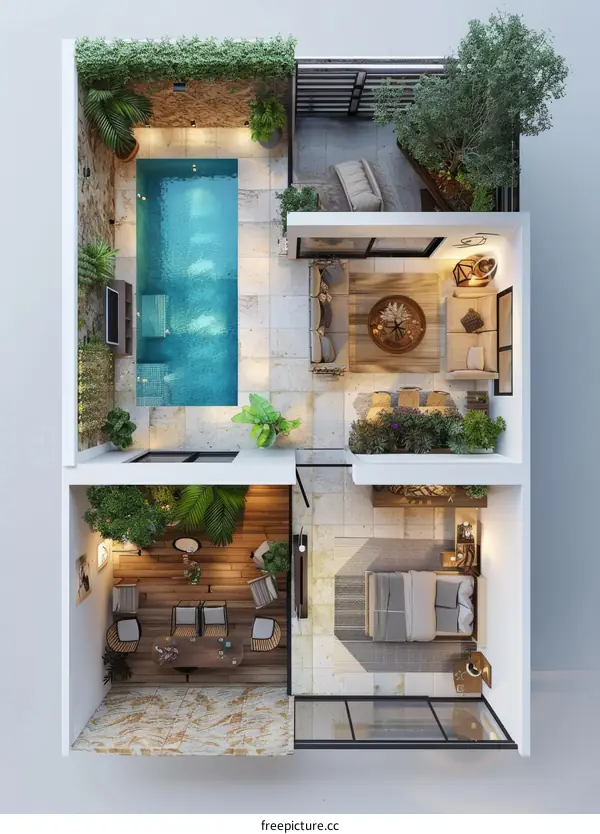 Modern Rooftop Apartment Floor Plan with Pool and Patio