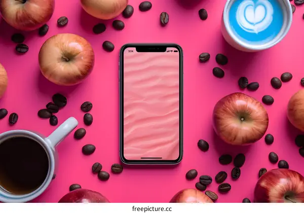 Flat Lay with Phone, Coffee, Apples, and Coffee Beans