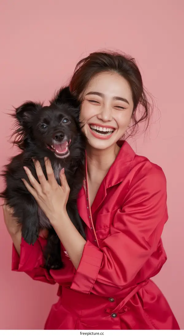 A woman in a red dress is holding a black dog