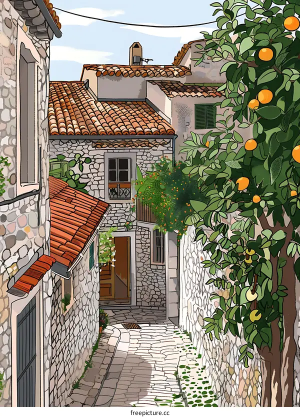 Stone Building Alleyway With Orange Tree