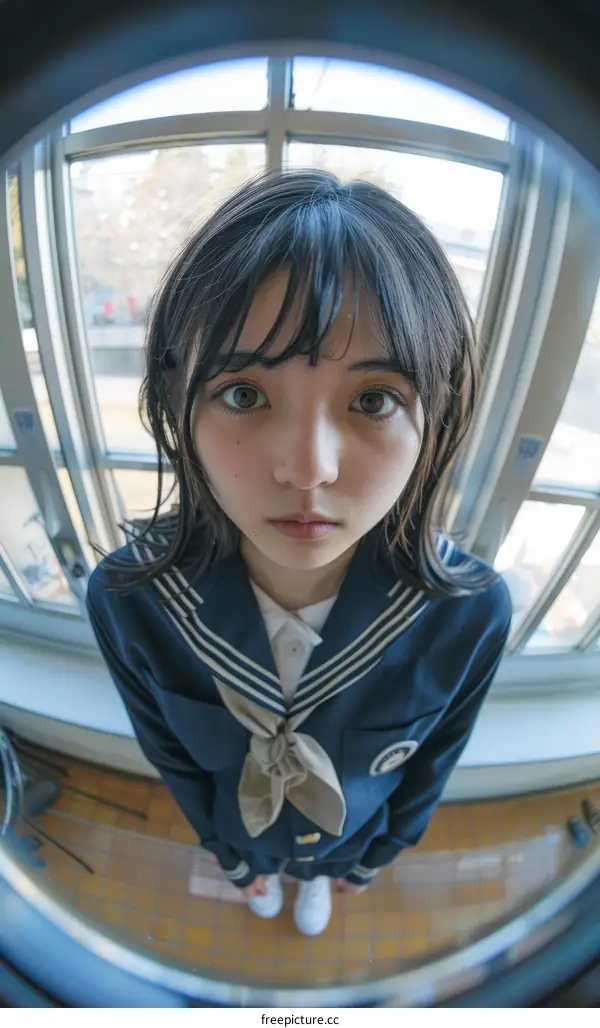 A fisheye lens photo of a young Japanese school girl in a sailor fuku uniform
