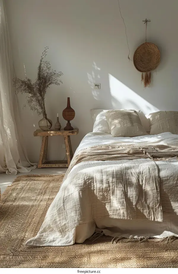 Neutral bedroom with natural materials and textures