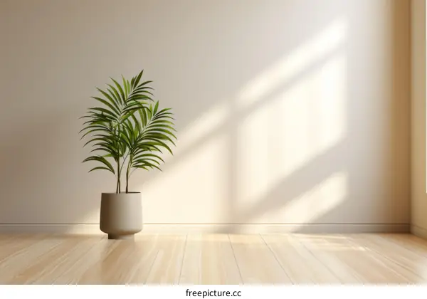 Sunlight shining through the window onto the floor and plant