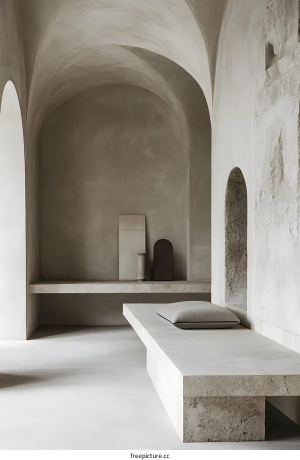 Minimalist Interior Design with Stone Bench and Arched Walls