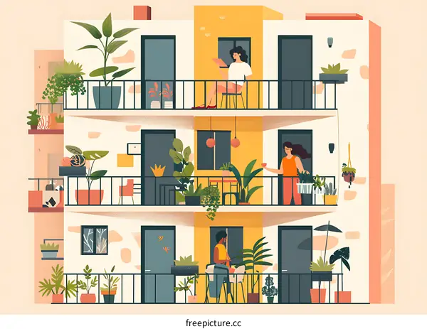 Apartment Building with People on Balconies