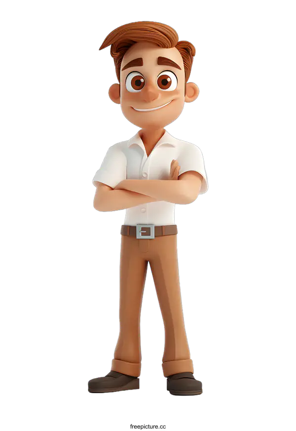 [Transparent Background PNG]A 3D rendering of a man with brown hair and brown eyes, wearing a white shirt and brown pants, standing with his arms crossed.