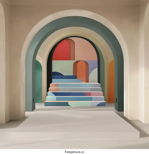 Abstract Archway with Colorful Geometric Shapes and Stairs