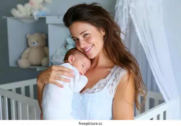 Loving Mother Holding Newborn Baby in Nursery