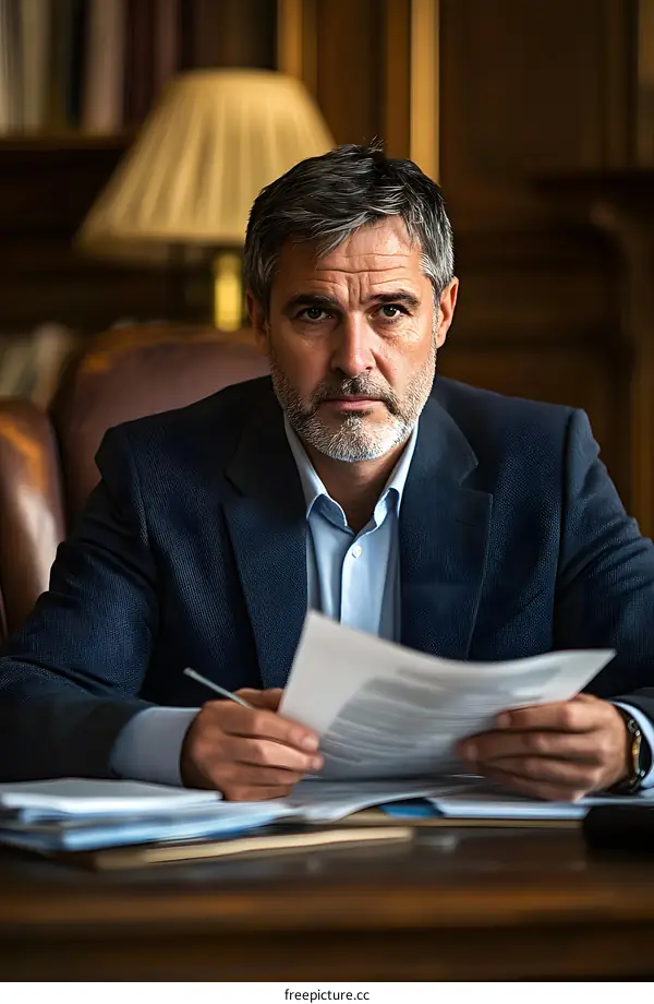 Businessman Reading Documents in Office