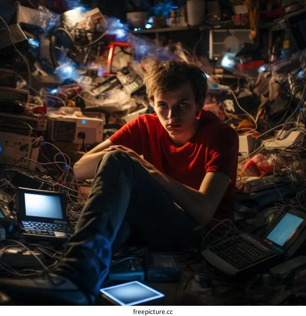 Young male sits in a room full of electronic waste